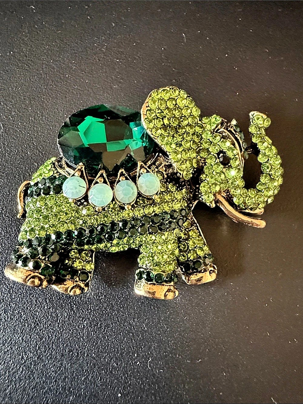 Jeweled Elephant Brooch in Green & Gold